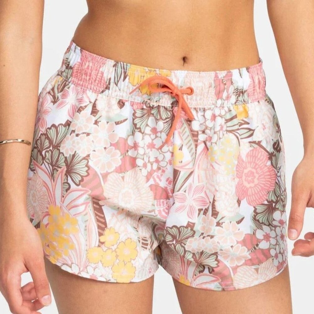 NEW Roxy Womens Small Floral Print Swim Board Shorts Elastic‎ Waist Drawstring